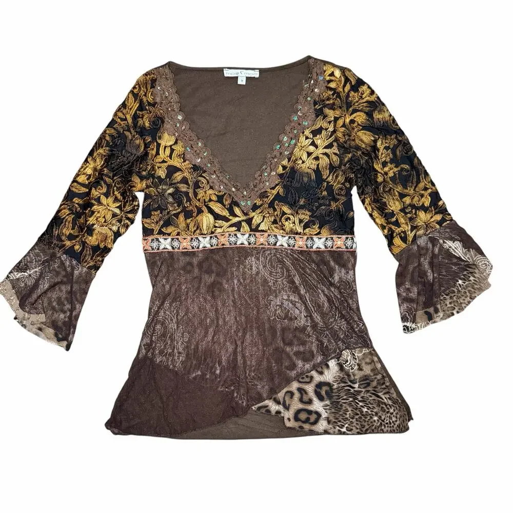 Moa Moa Y2K Vintage Bell Sleeve Party Animal Print Blouse Top Size M - Picture 1 of 5